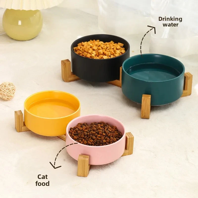kf-S06533bd3ea24483e9d36a7872245bfd0N Ceramic Double Pet Bowl with Wood Stand - No Spill Food & Water Feeder for Dogs, Cats, Small & Large Pets - Image 4