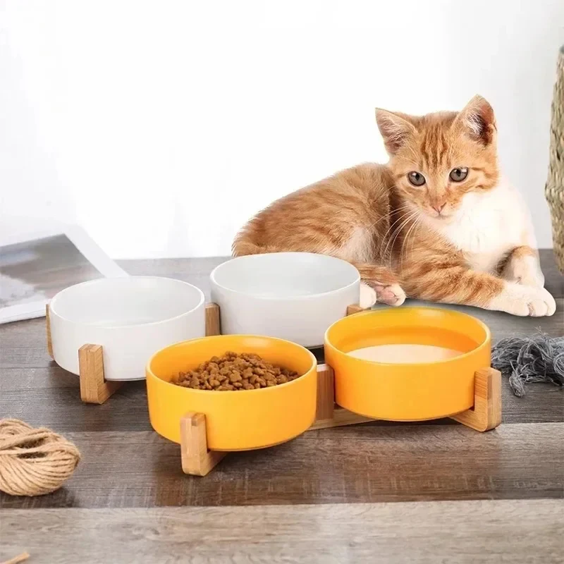 kf-S418de79256894396baf2e0d990b82acaY-1 Ceramic Double Pet Bowl with Wood Stand - No Spill Food & Water Feeder for Dogs, Cats, Small & Large Pets - Image 3