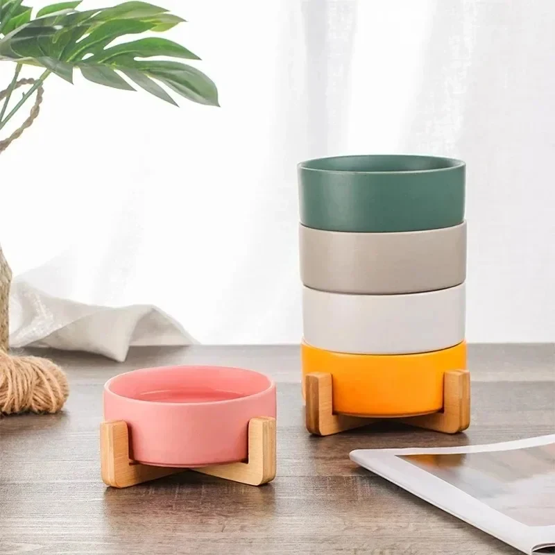 kf-S45b1727769a9431e85f684deeb35fcb20 Ceramic Double Pet Bowl with Wood Stand - No Spill Food & Water Feeder for Dogs, Cats, Small & Large Pets - Image 2