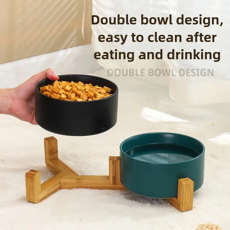 kf-S6b6b14100f3e420fbba6c4fc7bb2bffe0 Ceramic Double Pet Bowl with Wood Stand - No Spill Food & Water Feeder for Dogs, Cats, Small & Large Pets - Image 6